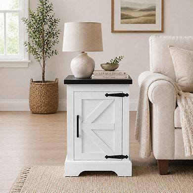 Heybly End Table with Barn Door, Adjustable Storage Shelf, Side Table for Living Room