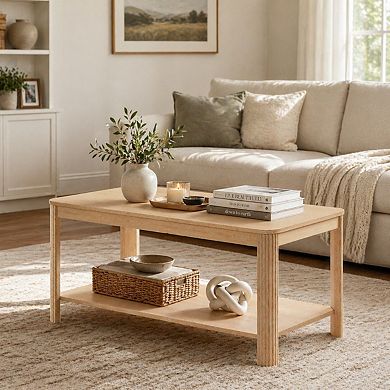 Heybly 2-Tier Coffee Table with Storage Shelf, Vertical Wave Grain Legs, Minimalist Design