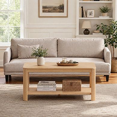 Heybly 2-Tier Coffee Table with Storage Shelf, Vertical Wave Grain Legs, Minimalist Design