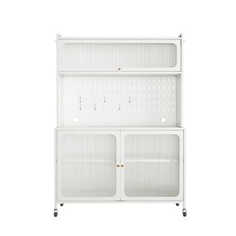 Lufeiya Kitchen Pantry Cabinet with Glass Doors and Adjustable Shelves, Open Counter and Hooks