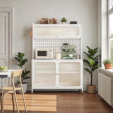 Lufeiya Kitchen Pantry Cabinet with Glass Doors and Adjustable Shelves, Open Counter and Hooks