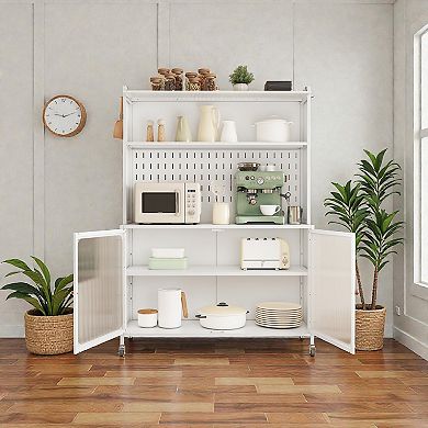 Lufeiya Kitchen Pantry Cabinet with Glass Doors and Adjustable Shelves, Open Counter and Hooks