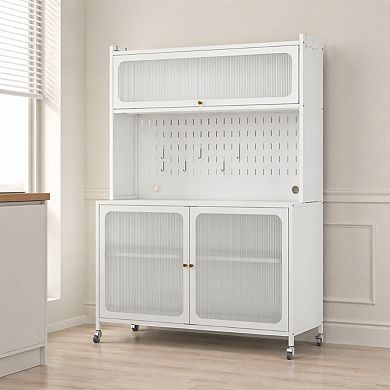 Lufeiya Kitchen Pantry Cabinet with Glass Doors and Adjustable Shelves, Open Counter and Hooks