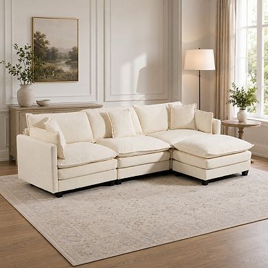 Lufeiya 113.77" Chenille 3 seats Sectional Sofa with Ottoman and Waist Pillows