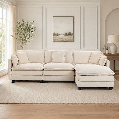 Lufeiya 113.77" Chenille 3 seats Sectional Sofa with Ottoman and Waist Pillows
