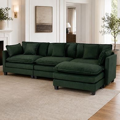 Lufeiya 113.77" Chenille 3 seats Sectional Sofa with Ottoman and Waist Pillows