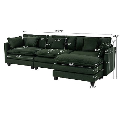 Lufeiya 113.77" Chenille 3 seats Sectional Sofa with Ottoman and Waist Pillows