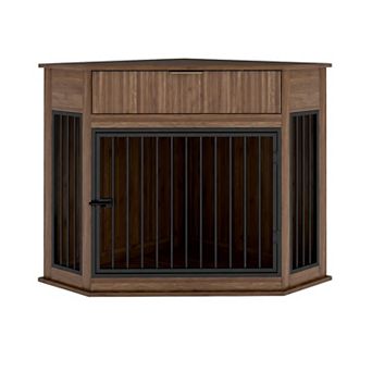 Heybly Corner MDF Dog Crate Furniture for Small or Medium Dogs, Kennel with Fluted Drawer Storage