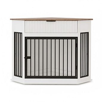 Heybly Corner MDF Dog Crate Furniture for Small or Medium Dogs, Kennel with Fluted Drawer Storage