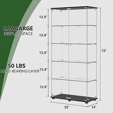 Lufeiya 72" Glass Display Cabinet with Locking Doors and 5 Tempered Glass Shelves