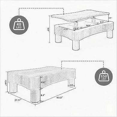 Heybly 42" Lift Top Coffee Table with Fluted Panels, Hidden Storage, Silent Hydraulic Lift