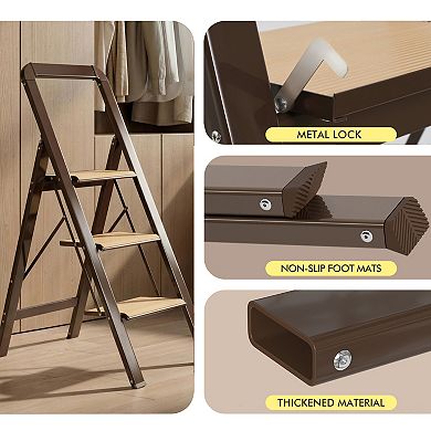 Lufeiya 3 Step Folding Aluminum Ladder with Anti-Slip Pedals and Handrails for Home Use