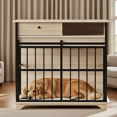 Heybly Large Dog Crate Furniture, Storage Drawer, and Side Compartment, Metal Frame
