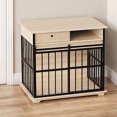 Heybly Large Dog Crate Furniture, Storage Drawer, and Side Compartment, Metal Frame