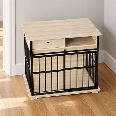 Heybly Large Dog Crate Furniture, Storage Drawer, and Side Compartment, Metal Frame