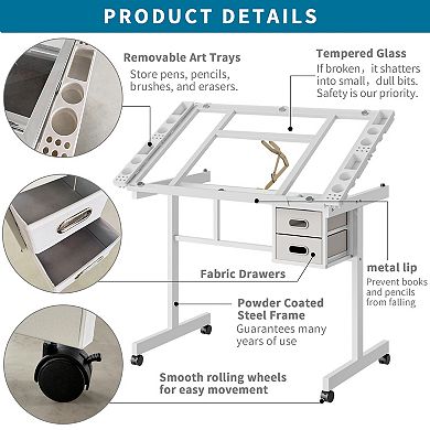 Lufeiya Adjustable Drafting Table with Wheels, Drawing Desk with Storage Drawers and Pencil Ledge