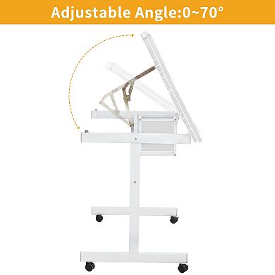 Lufeiya Adjustable Drafting Table with Wheels, Drawing Desk with Storage Drawers and Pencil Ledge