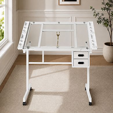 Lufeiya Adjustable Drafting Table with Wheels, Drawing Desk with Storage Drawers and Pencil Ledge
