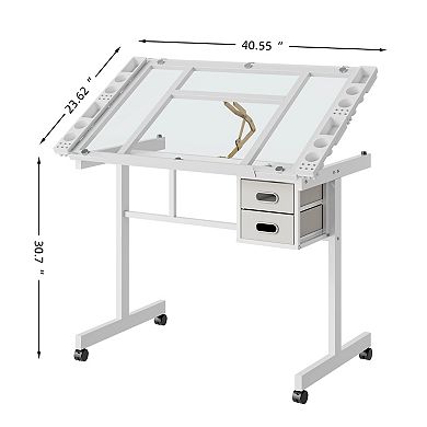 Lufeiya Adjustable Drafting Table with Wheels, Drawing Desk with Storage Drawers and Pencil Ledge