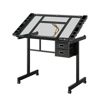 Lufeiya Adjustable Drafting Table with Wheels, Drawing Desk with Storage Drawers and Pencil Ledge