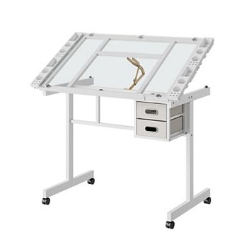 Lufeiya Adjustable Drafting Table with Wheels, Drawing Desk with Storage Drawers and Pencil Ledge