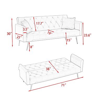Lufeiya 71 Inch Convertible Velvet Sofa Bed, Adjustable Backrest 2 Seat Couch
