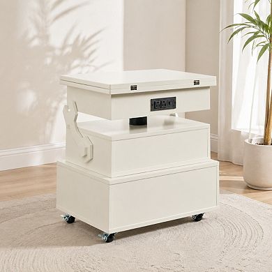 Lufeiya Adjustable Rolling End Table with Charging Station, Lift Top Storage Side Table