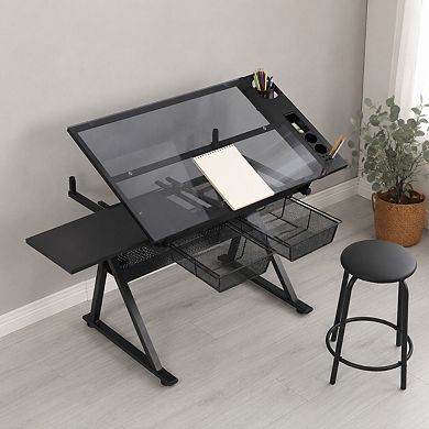 Lufeiya Adjustable Tempered Glass Drafting Table with Stool, Tilting Art Desk with Drawers