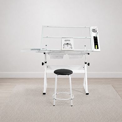 Lufeiya Adjustable Tempered Glass Drafting Table with Stool, Tilting Art Desk with Drawers