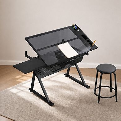 Lufeiya Adjustable Tempered Glass Drafting Table with Stool, Tilting Art Desk with Drawers