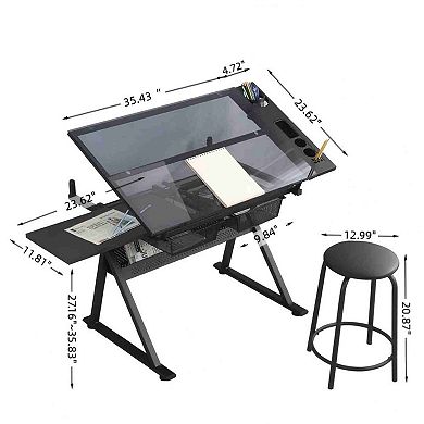 Lufeiya Adjustable Tempered Glass Drafting Table with Stool, Tilting Art Desk with Drawers