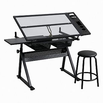 Lufeiya Adjustable Tempered Glass Drafting Table with Stool, Tilting Art Desk with Drawers