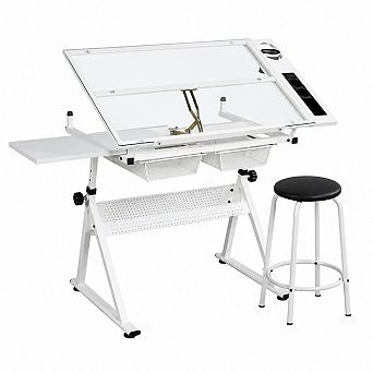 Lufeiya Adjustable Tempered Glass Drafting Table with Stool, Tilting Art Desk with Drawers