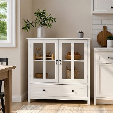 Lufeiya Buffet Storage Cabinet with Double Glass Doors, Drawer and Adjustable Shelves