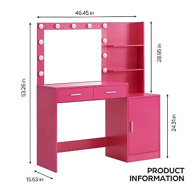 Heybly Vanity Desk with Mirror and Lights, Drawers and Vertical Organizer, Adjustable LED Lighting