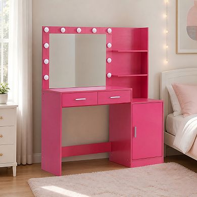 Heybly Vanity Desk with Mirror and Lights, Drawers and Vertical Organizer, Adjustable LED Lighting