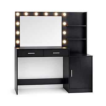 Heybly Vanity Desk with Mirror and Lights, Drawers and Vertical Organizer, Adjustable LED Lighting