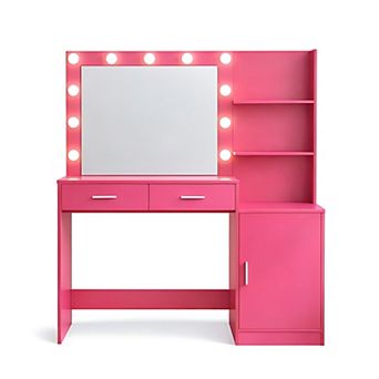 Heybly Vanity Desk with Mirror and Lights, Drawers and Vertical Organizer, Adjustable LED Lighting