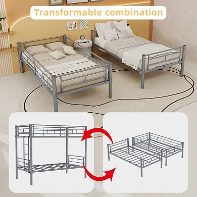 Lufeiya Metal Twin Over Twin Bunk Bed with Convertible Frame, Sturdy Steel Construction, Guardrails