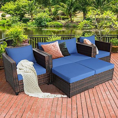 Costway 5PCS Patio Rattan Furniture Set Loveseat Sofa Ottoman Cushioned
