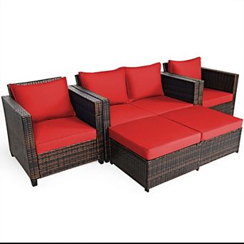 Costway 5 pc Patio Rattan Furniture Set Loveseat Sofa Ottoman Cushioned