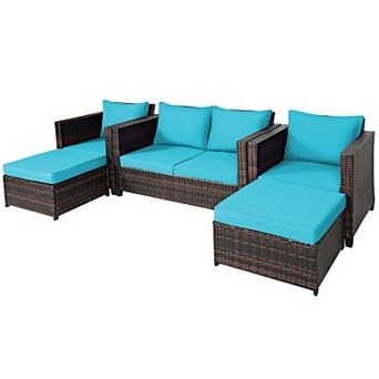 Costway 5 pc Patio Rattan Furniture Set Loveseat Sofa Ottoman Cushioned