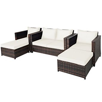 Costway 5 pc Patio Rattan Furniture Set Loveseat Sofa Ottoman Cushioned