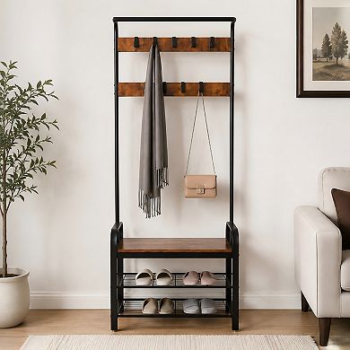 Lufeiya 4-in-1 Hall Tree with Shoe Bench, Coat Rack and Storage Hooks for Entryway