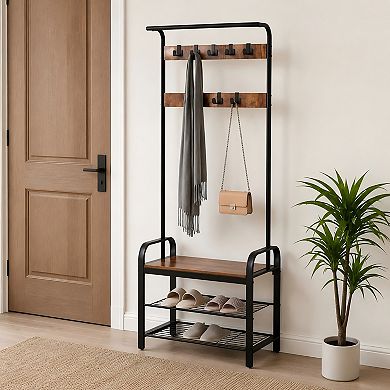 Lufeiya 4-in-1 Hall Tree with Shoe Bench, Coat Rack and Storage Hooks for Entryway