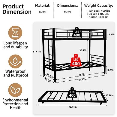 Lufeiya Twin Size Metal Bunk Bed with Convertible Frame,Detachable Design,Ladder with Widened Steps