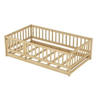 Lufeiya Full Size Montessori Floor Bed with Fence and Door, Slats,mattress not included