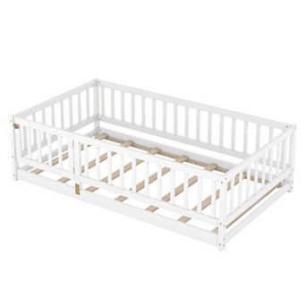 Lufeiya Full Size Montessori Floor Bed with Fence and Door, Slats,mattress not included