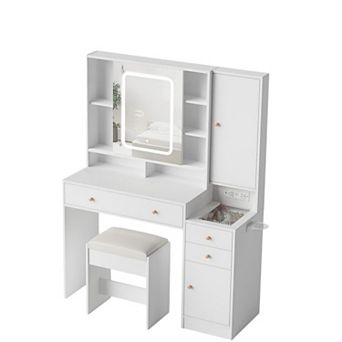 Makeup Vanity Desk with Mirror and Lights,Vanity Table with Charging Station & Stool for Bedroom