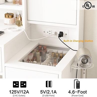 Vabches Makeup Vanity Desk with LED Mirror, Charging Station, Jewelry Storage & 3 Drawers